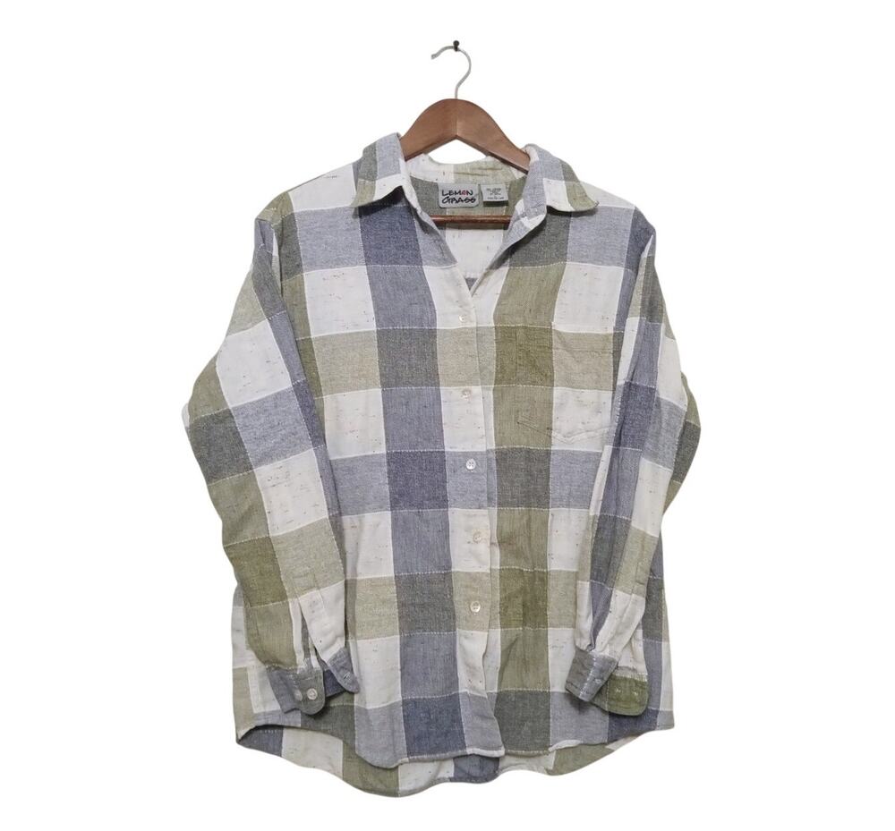 Vintage Lemon Grass Womens Button Down Long Sleeve Plaid Flannel Shirt SZ L